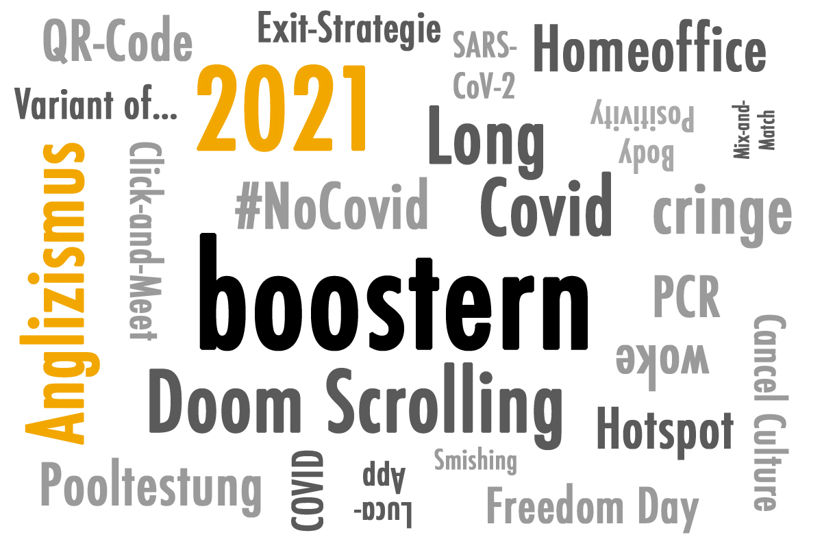 Wörterwolke für den Anglizismus 2021 mit "boostern" als Gewinner
